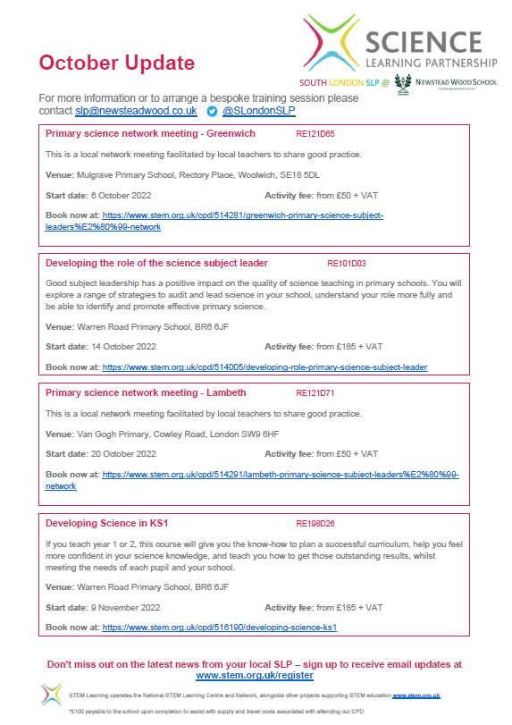SLondonSLP's tweet photo. Great CDP helps ensure your pupils receive inspirational science lessons.
See below for details of our Autumn courses  &amp; network meetings, Search https://t.co/Nl1A54pTnB for full details.
2022/23 brochure: https://t.co/BzQf5hvBCP
@GreatSciShare #STEMcpd @priscigeeks @NaomiHiscock https://t.co/ndW7k4u6RU