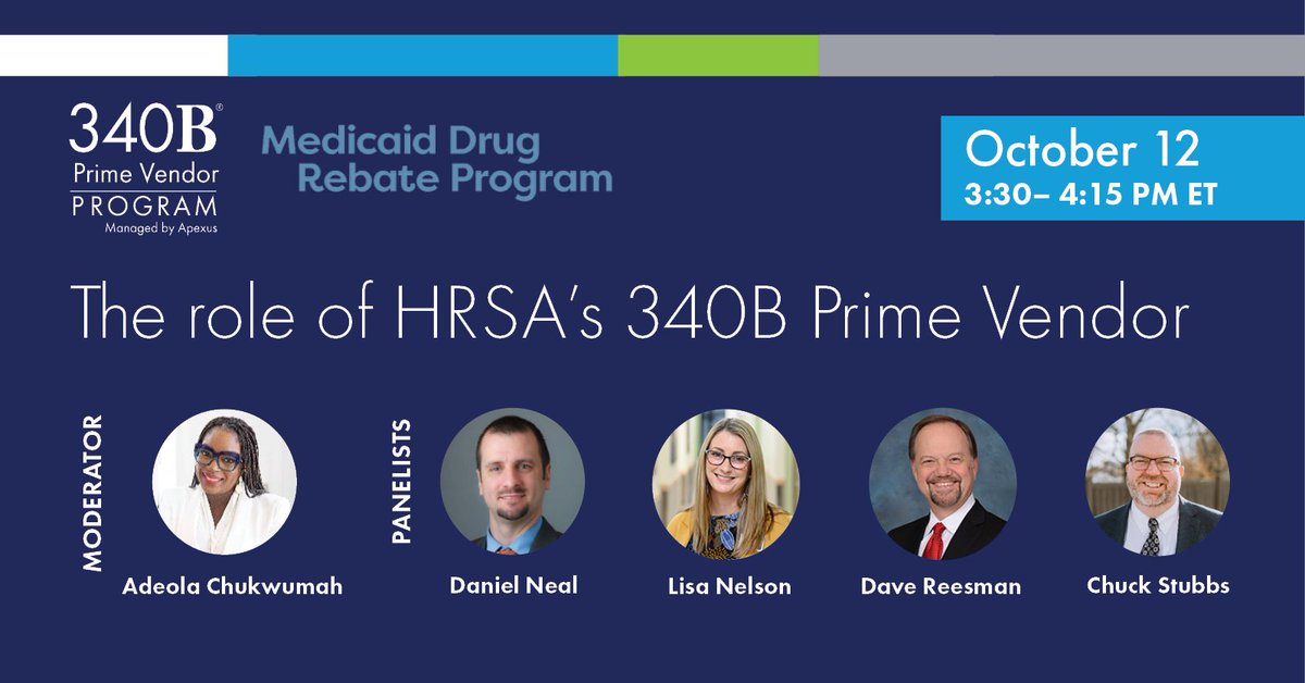 Apexus340B's tweet photo. If you are attending the MDRP Conference, don’t miss Adeola Chukwumah, SD of Contract Services, for a panel discussion about the role of HRSA’s 340B Prime Vendor. She will be joined by panelists Daniel Neal, Lisa Nelson, Dave Reesman, and Chuck Stubbs on Oct. 12 at 3:30 pm ET. https://t.co/O9h5ApI62Q