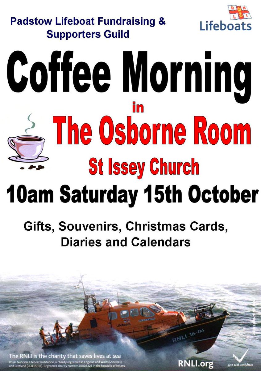 Join our volunteer fundraising and supporters guild at St Issey Church on Saturday 15 October for a coffee morning! We look forward to seeing you there! #rnli #coffeemorning