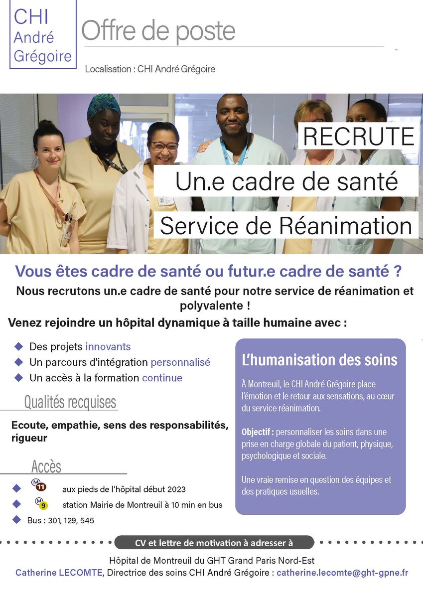 💼 [ [RECRUTEMENT] 💼

Le CHI André Grégoire recrute :
- Un.e cadre de santé pour le service des urgences
- Une.e cadre de santé pour le service de réanimation polyvalente

Candidature à envoyer à l'adresse suivante : catherine.lecomte@ght-gpne.fr

#recrutement #santé
