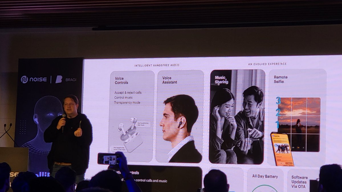 Tarunpathak's tweet photo. Noise Intellibuds promising handsfree experience launches  @ INR 4,999 . Available 14th Oct. 
Focusing on - 
⚡️Voice controls 
⚡️Gesture controls
⚡️Music sharing
⚡️Remote Selfie
⚡️Transparency Mode https://t.co/0AJc7XyXEm