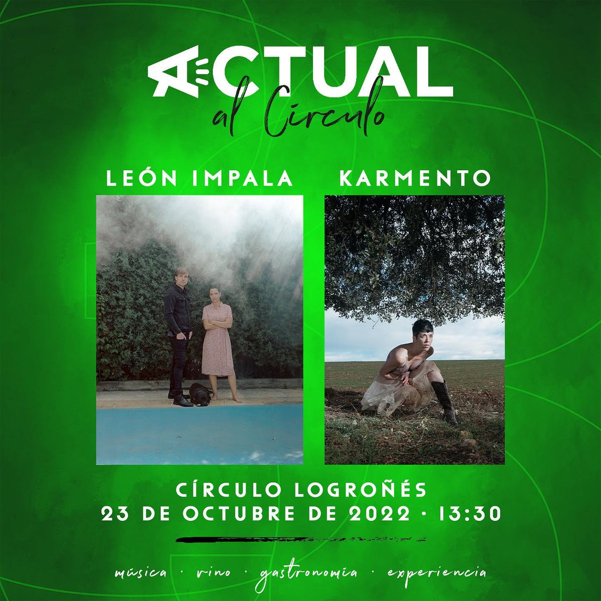 Impar_Eventos's tweet photo. 🅰️⭕ ACTUAL AL CÍRCULO

El domingo cerramos con un vermú con mucha magia. Con @lakarmento, celebraremos la naturaleza y los orígenes. Por su parte, @ImpalaLeon  nos acecharán tras un telón cinematográfico y una atmósfera musical envolvente.

🎟️https://t.co/mCW27DDxaD https://t.co/QCckKz4hTp