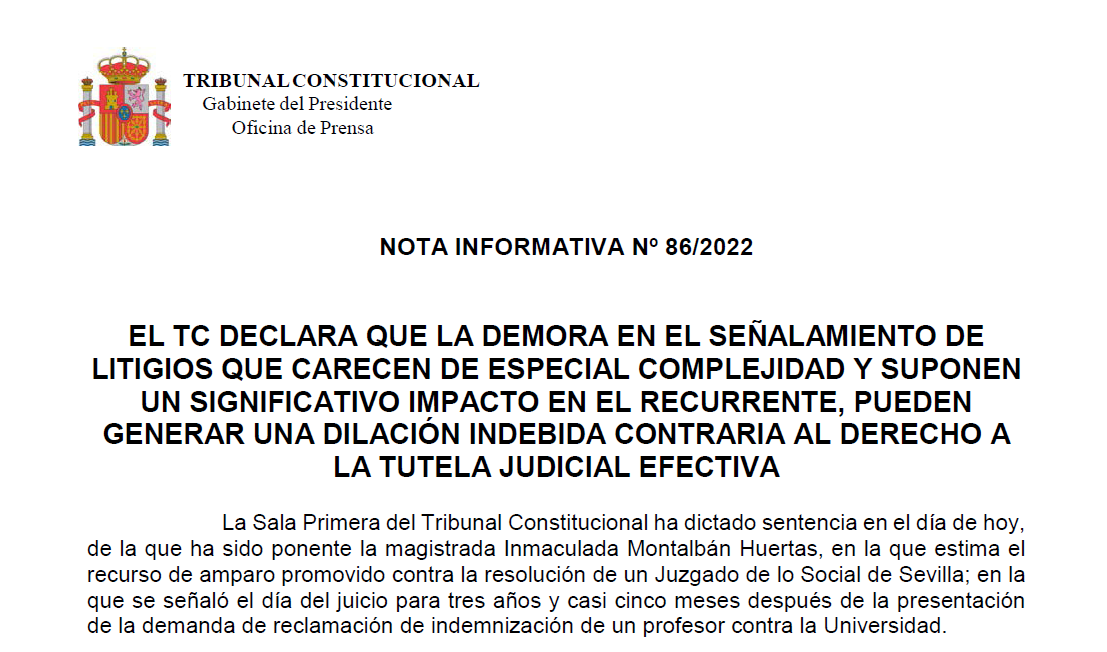 Nota de prensa | El TC declara que la demora en el señalamiento de litigios que carecen de especial complejidad y suponen un significativo impacto en el recurrente pueden generar una dilación indebida contraria al derecho a la tutela judicial efectiva tribunalconstitucional.es/NotasDePrensaD…