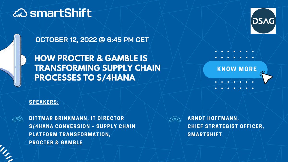 Join this interesting #session at the <a href="/_DSAG/">DSAG e.V.</a>  Jahreskongress 2022 to learn how <a href="/ProcterGamble/">Procter & Gamble</a> #accelerated &amp; de-risked their multi-year #transformation program!

Register Now!
bit.ly/3RL9UDv

#sap #event #dsagjk22 #intelligentautomation #skill #s4hana #cloud #supplychain