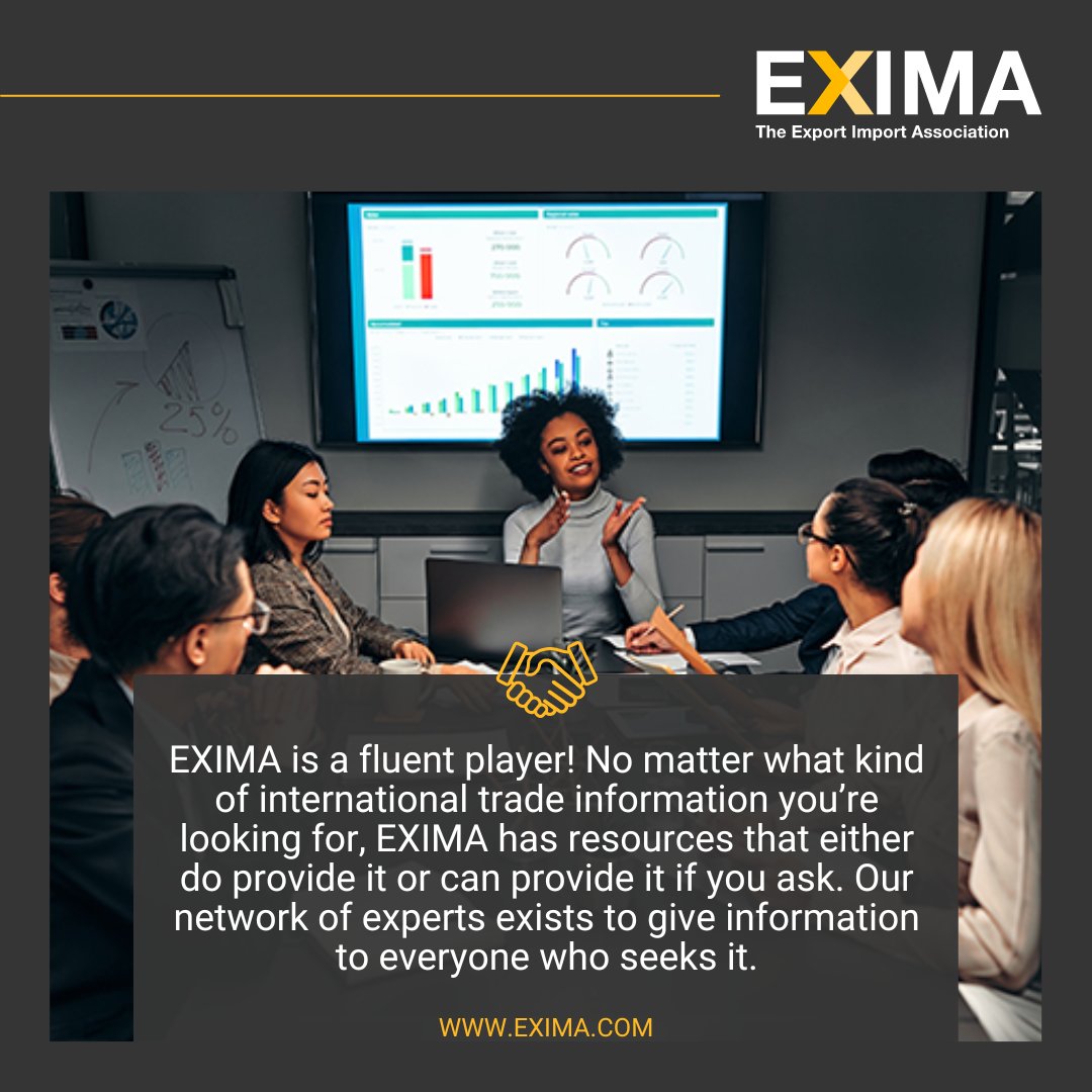 EXIMA_intl's tweet photo. EXIMA is a fluent player! Our network of experts exists to give information to everyone who seeks it. 
.
.
#EXIMA #internationaltrade https://t.co/Jw2FXaSdGw