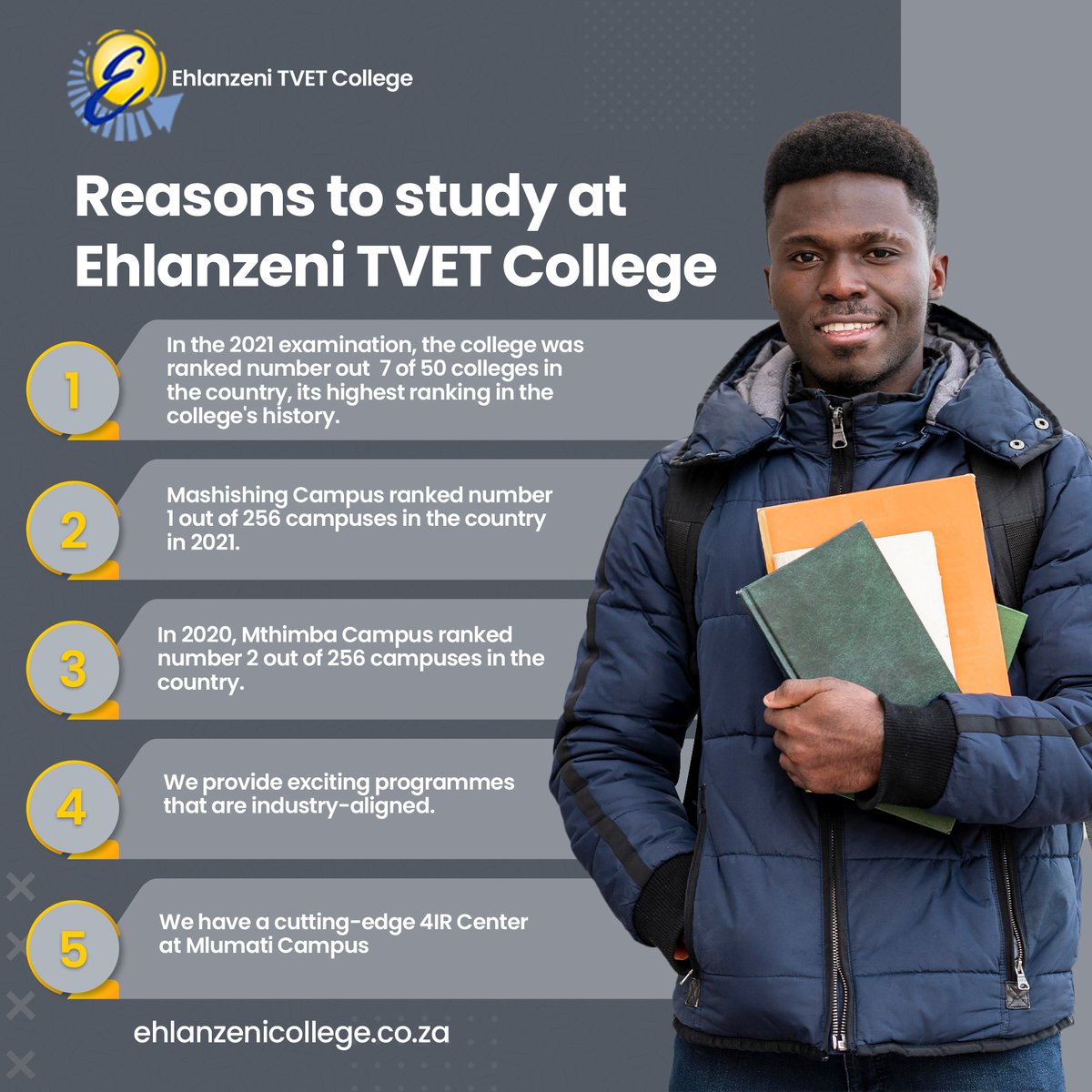Ever asked yourself WHY you should study at Ehlanzeni TVET College?

Let the numbers speak for themselves with our yearly statistics below.

#HigherEducation #ApplyNow #ApplyOnline #EhlanzeniCollege