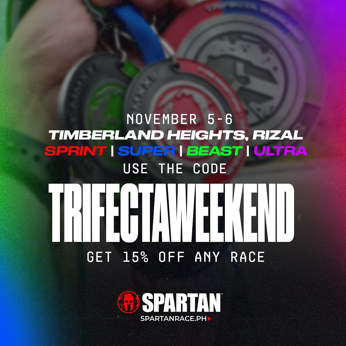 SpartanRacePH's tweet photo. Extended Trifecta PROMO‼️

This is your last chance to RACE &amp; SAVE for the upcoming Ultra Trifecta Weekend this Nov 5-6 at Timberland Heights, Rizal ⛰️

Commit now at https://t.co/ubPlHPjJ4z 🔗

#SpartanPH
#SpartanRacePH
#SpartanTrifecta
#TrifectaWeekend https://t.co/sIlFdiNa5x