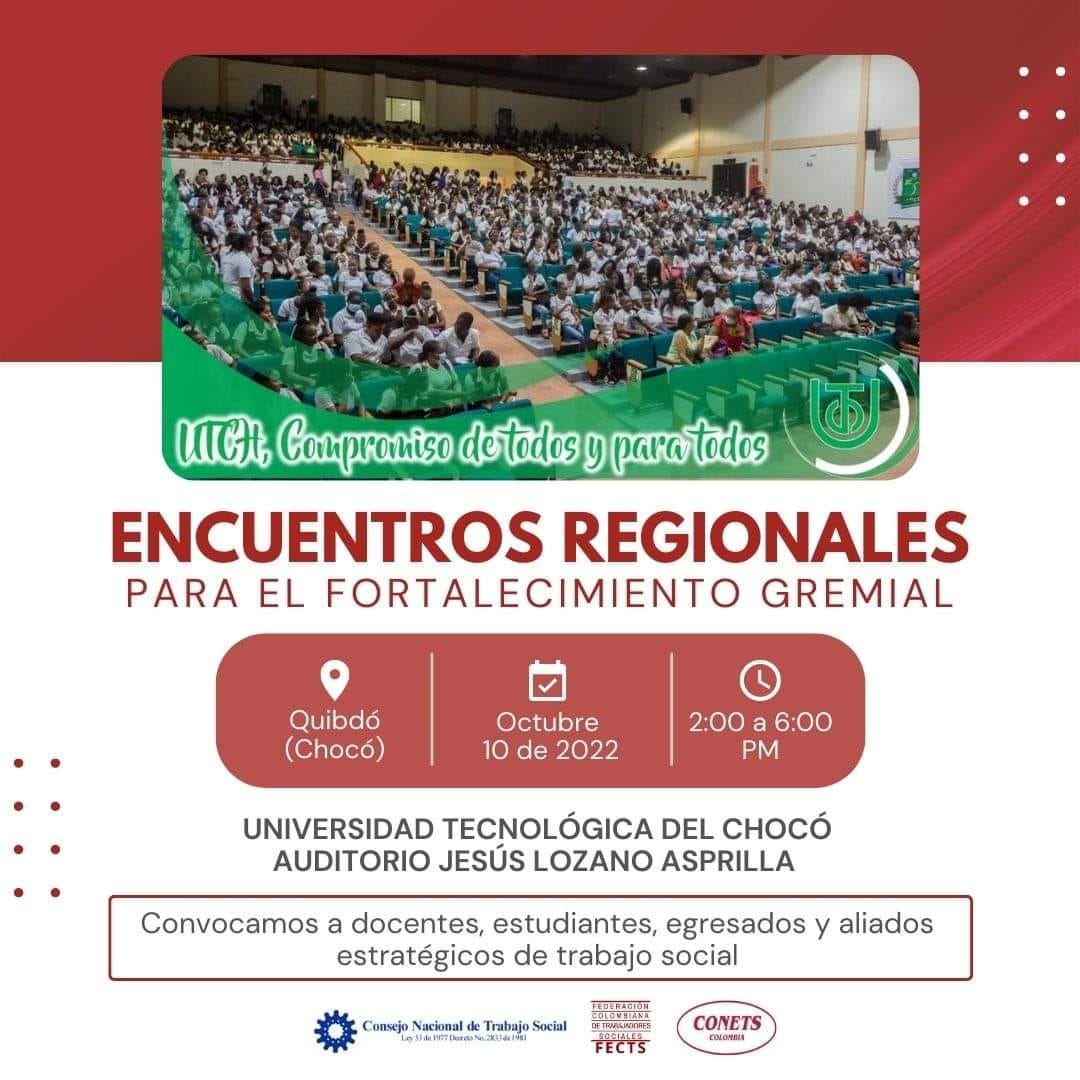 AtssanCol's tweet photo. Universidad Tecnológica del Chocó - Quibdó
Fecha: Lunes 10 de octubre 2022
Hora: 2:00pm - 6:00pm

ENCUENTROS REGIONALES TRIPARTITA PARA EL FORTALECIMIENTO GREMIAL: CNTS-FECTS-CONETS

#AtssanCol 
#SoyATSSANCOL  
#SoyGremioTS
#TrabajoSocialColombia https://t.co/aykCayZ3IF