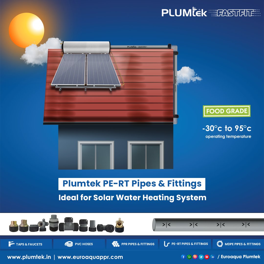 PlumtekMktg's tweet image. Plumtek PERT pipes &amp;amp; PB1 universal push fittings is a brand-new product which is introduced in India for the first time. It is an excellent choice for use in Solar water heating system. 

#pert #pertpipe #universalpushfit #solar #solarwaterheating