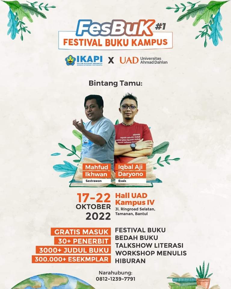 Catat Tanggalnya 17 sd 22 Oktober 2022 Festival Buku Kampus Ikapi DIY <a href="/IkapiDiy/">IKAPI Yogyakarta</a> kerja bareng <a href="/UadPress/">UAD PRESS</a> di Kampus hall kampus 4 UAD <a href="/klik_uad/">Universitas Ahmad Dahlan</a> 
#pameranbuku #buku #sastra