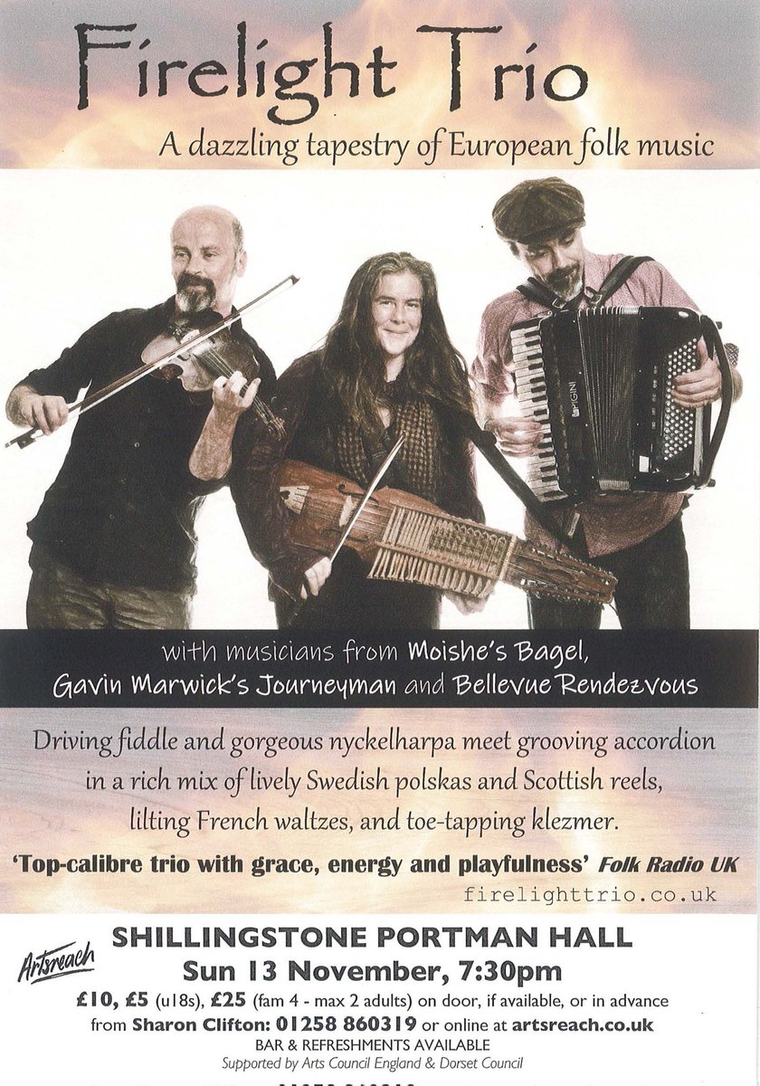 ArtsReachShil's tweet photo. Come and see the Firelight Trio at Shillingstone's Portman Hall on Sunday 13 Nov! "A scintillating combination of music, sound and story"! "Top calibre Trio"! @DorsetMag @WhatsOnInDorset @thisisdorset @Dorset_Live @YourFTR https://t.co/VnxQav1NXY