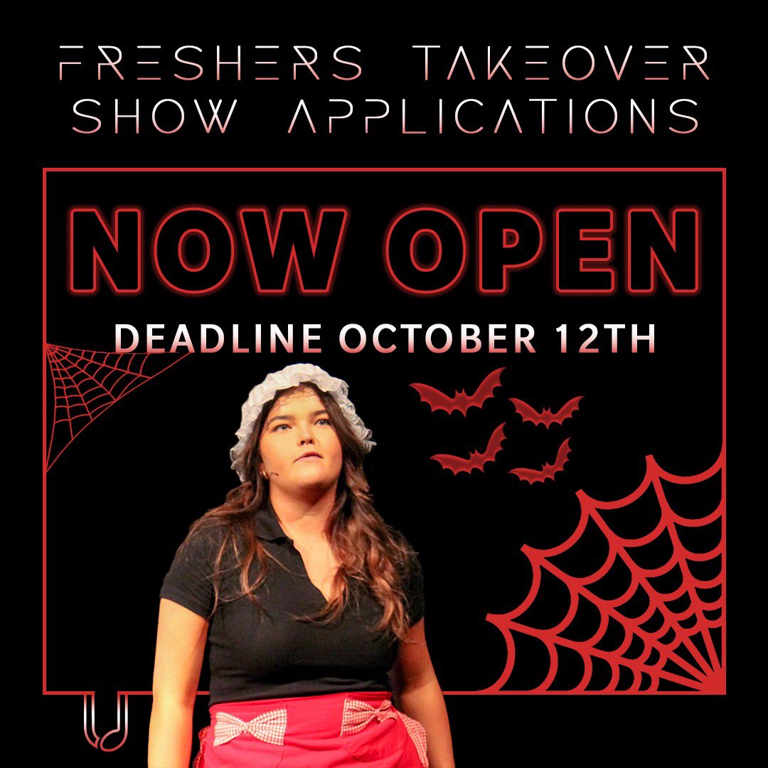 It’s Freshers Takeover time!🎃 Go to the linktree in our bio to apply with a 20 minute excerpt of a show by Wednesday at 11pm! Good luck👻 #ucdsocieties