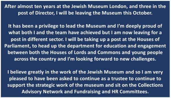 Frances Jeens (@franjeens) on Twitter photo After almost 10 yrs at <a href="/JewishMuseumLDN/">Jewish Museum London</a> and 3 yrs as the Director I have some news to share... After almost 10 yrs at <a href="/JewishMuseumLDN/">Jewish Museum London</a> and 3 yrs as the Director I have some news to share...
