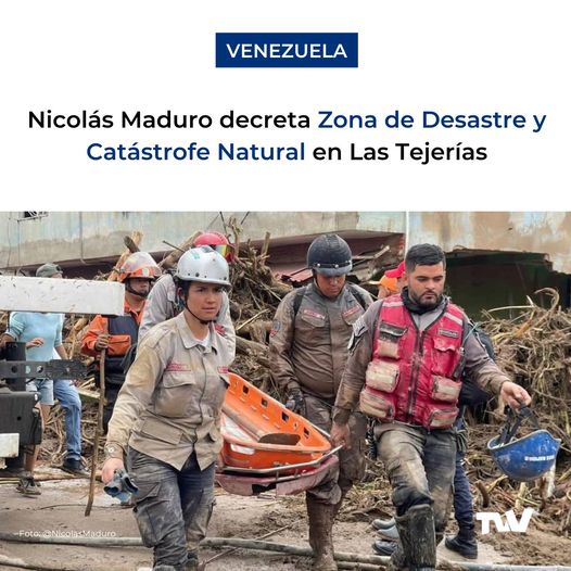 TVVnoticias's tweet image. Luego de la tragedia ocurrida en Las Tejerías, Nicolás Maduro anunció a través de las redes sociales, su decisión de decretar Zona de Desastre y Catástrofe Natural a la localidad. También ordenó el cumplimiento de 3 días de duelo nacional, desde el #9Oct.