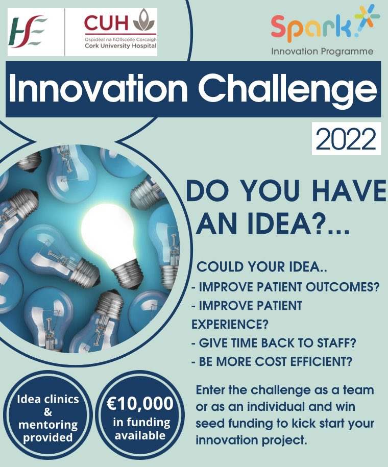 Calling all staff of @CUH_Cork. Enter this year’s innovation challenge and secure your share of a €10,000 pot to progress your great idea. Don’t worry if your idea isn’t fully formed yet.. ‘ideas clinics’ available 2 help you. DM me 2 access the challenge website & application.