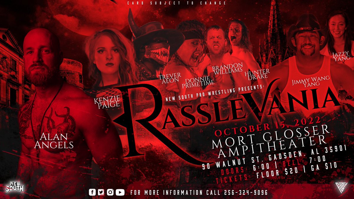 THIS Saturday Night OCT 15 we return to Gadsden AL for #RassleVania with special guests Former AEW Star and DARK ORDER member @Alan_V_Angels Also, former WWE star @akioyang with daughter @jazzywangyang Doors 6pm Kick off 7pm Central For tickets: newsouth.ticketspice.com/new-south-rass…
