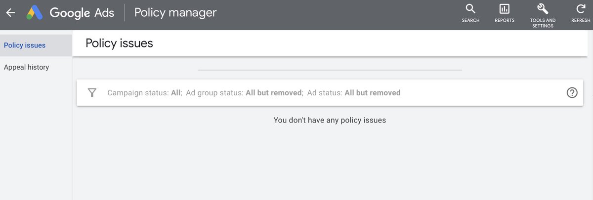 pixelscribe8's tweet image. @GoogleAds Hi, I keep receiving an email about #policyissues but when I click on the link to Policy Issues it says there are none...I have 2 ads running, they are active and I am being charged for them. I have looked up what this means, but everything seems to be working. Help