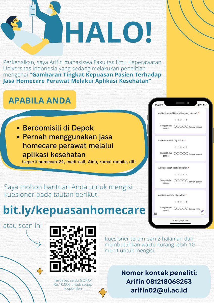 Teman-teman Twitter yg baik!
Buat yg tinggal di Depok dan pernah menerima layanan perawat ke rumah lewat aplikasi, mohon bantuannya untuk mengisi kuesioner ini ya 😁

Kurang dari 10 menit bisa dapet pulsa gopay 10k 😁
