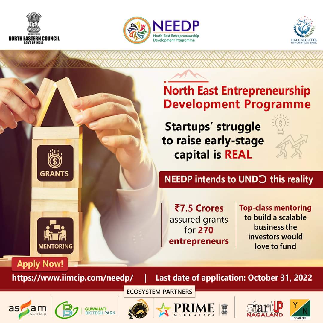 needpnec's tweet photo. An early-stage startup’s struggle for raising funds comes to an end with #NEEDP
Application Link: https://t.co/HJAn5IY9Vx
Last Date: October 31, 2022
@NEC_GoI
@IIMCIP
@AssamStartup
@GBP_assam
@YNnagaland
@startupnagaland
#innovation #development #entrepreneurship #startup https://t.co/WRw9218q6l