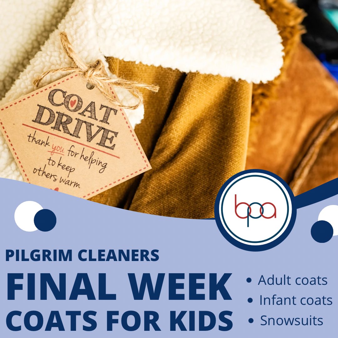 Final week of <a href="/PilgrimCleaners/">Pilgrim Dry Cleaners</a> Coats for Kids Drive is here.  Clean out your closets &amp; drop off at the main entrance of <a href="/BlaineHS/">Blaine High School</a> All sizes are accepted &amp; needed!

Thank you for your support in helping keep our fellow Minnesotans warm this winter!
#bpacares #coats4kids