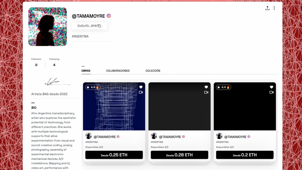 Meet the Artist of the Week: <a href="/tamamoyre/">ƬΛMΛ</a>.

Afro-Argentine transdisciplinary artist who explores the aesthetic potential of technology from different practices: creative coding, photography, experimental electronic-mechanical devices, mapping and more:

artbag.io/es/profile/TAM…