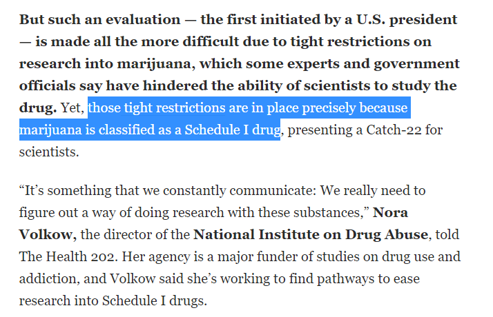 scottlincicome's tweet photo. So the govt can't research whether marijuana should remain a "Schedule I" substance bc of govt restrictions on... researching Schedule I substances. Makes sense. https://t.co/d9nl4sqVNf https://t.co/ySdciQOhn5