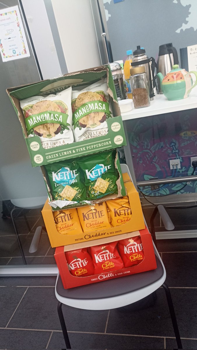 Massive Thank you to <a href="/KETTLEChipsUK/">KETTLE Chips</a> (and delivery driver Adrian!) For the mountain of goodies donated to our World Mental Health Day Cafe for <a href="/NNUH/">Norfolk and Norwich University Hospitals</a> staff.
