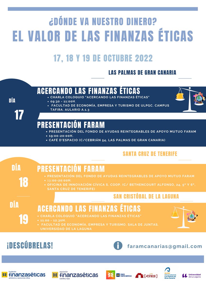 redAnagos's tweet photo. 🙄¿Conoces el Fondo de Ayudas Reintegrables de Apoyo Mutuo (#FARAM)?
👉Descúbrelo en las Jornadas "El Valor de las Finanzas Éticas":
📌17 de octubre en Las Palmas de Gran Canaria
📌18 de octubre en Santa Cruz de Tenerife
@cyl_finanzaetic @OFIC_coop @CafeDespacio https://t.co/HdLzm5H8Mu