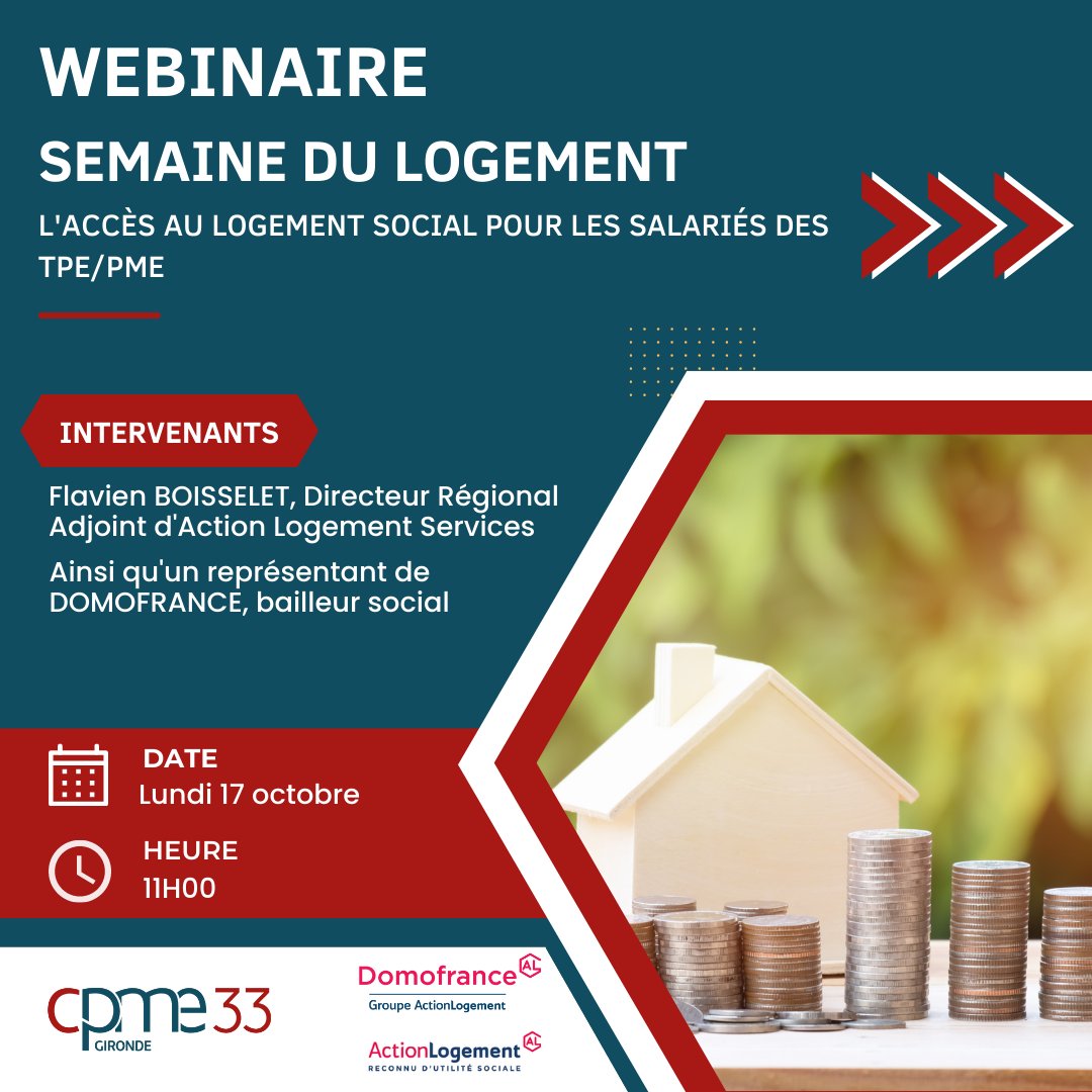 🚨 Webinaire🚨
👉 La CPME Dordogne vous invite à un webinaire dans le cadre de la Semaine du Logement. Ce dernier est organisé par la CPME Gironde et la CPME Nouvelle Aquitaine.

📆Lundi 17 octobre 2022
⏰ 11h00
➡ Lien d'inscription : zcu.io/kXU5

#cpme #webinaire