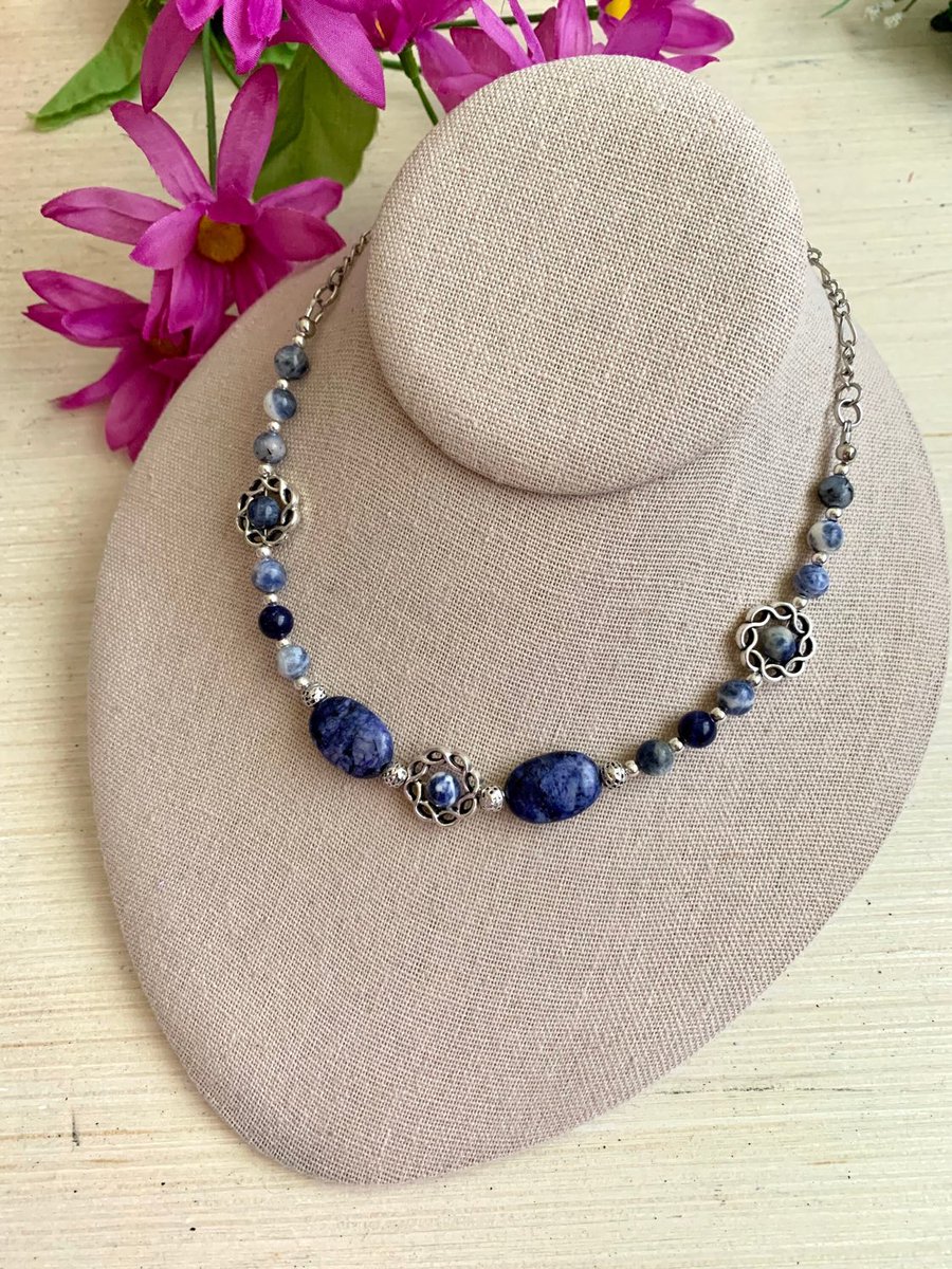 #KayBejeweled #etsy shop: Denim Blue Beaded Statement Necklace - Sodalite Natural Stone Jewelry - Contemporary Jewelry etsy.me/3T9qSg1 #beadednecklace #beadedchoker #naturalstonejewelry #sodalite #denim #Kaybejeweled