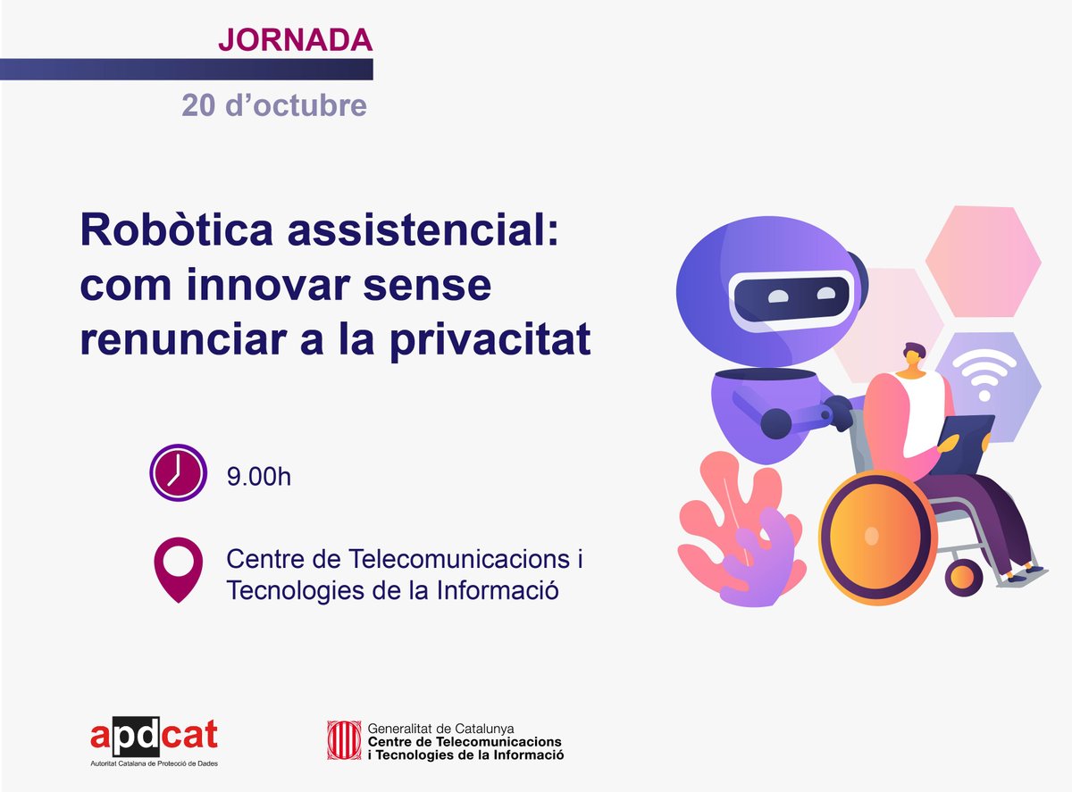 🤖 Inscriu-te ara a la jornada sobre robòtica i #Privacitat 👇 📅 20/10 🕐 9h ✍️ jornades.apdcat@gencat.cat @CTTI_Gencat @gencat apdcat.gencat.cat/ca/sala_de_pre…