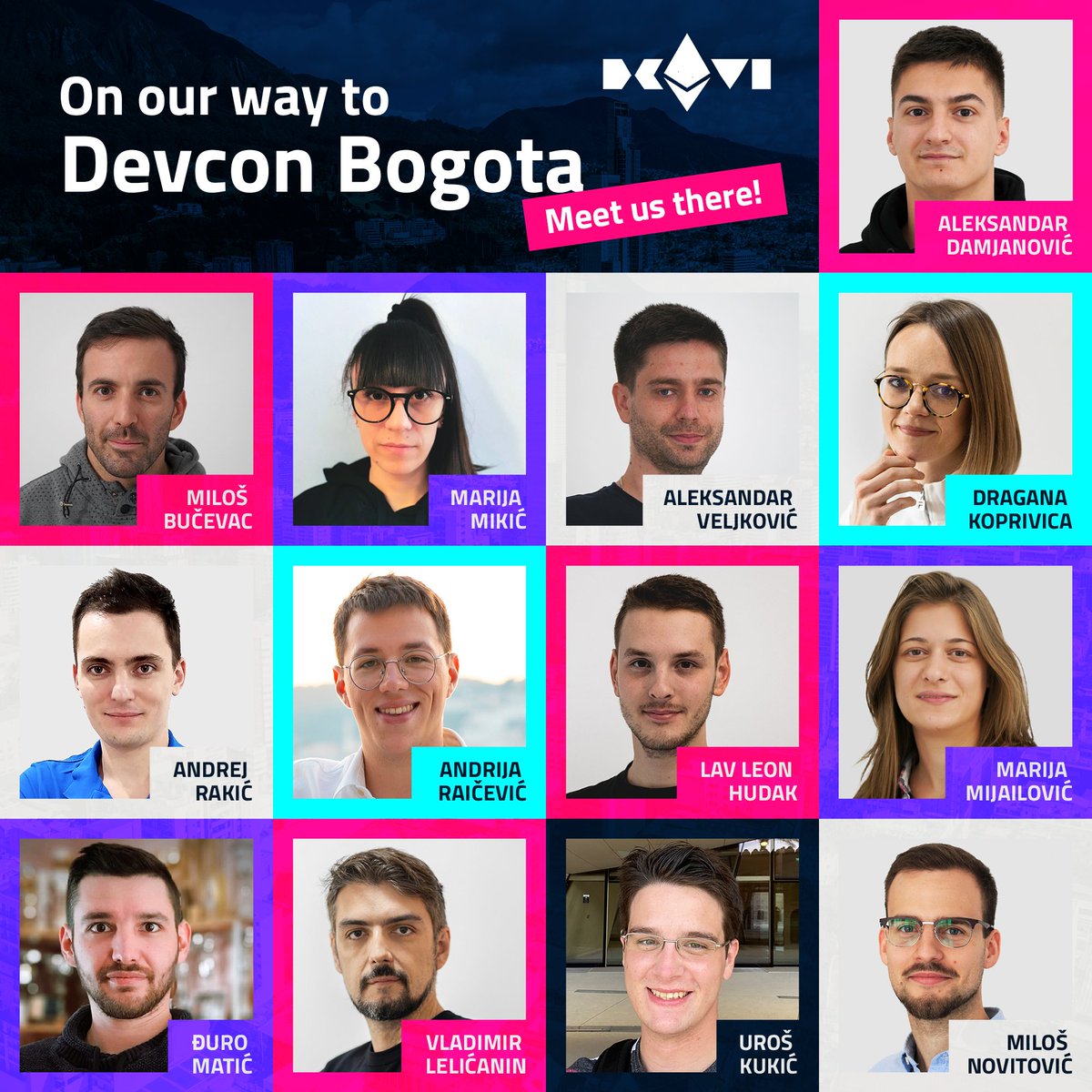 Hola Bogota 🇨🇴!

Our crew from MVPW Studio/ <a href="/NFTiz3r/">NFTizer.eth</a> / <a href="/3327_io/">3327</a> is on their #DevconVI adventure, not (just) to have fun. 

<a href="/m_novitovic/">milosn</a> and <a href="/kuki_mvp/">Uroš Kukić | ukuki.eth</a> will be speakers at DevCon, on Friday at 11:40! Join us at their talk and hit us up with a DM if you are up for a cup of 🍫 with🧀