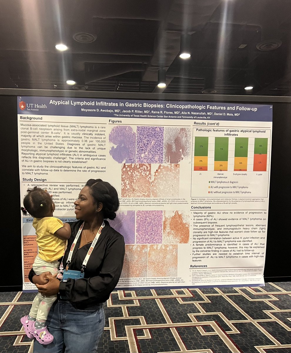 Awesome opportunity representing @UTHealthSA_Path and presenting my first in-person poster at #CAP22 yesterday. Even better was having my 17-month-old critique my work! She was tough 😂 #representationmatters #YoungScientist #STEM #pathtwitter #hemepath #research