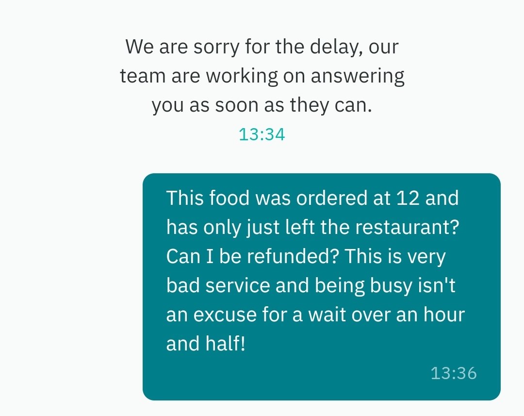 DillyBillon's tweet photo. Ordered from @Deliveroo_IE at 12. At 1 I contacted support to ask what was going on as the food was now very late and dealt with a fairly rude agent. Food has now arrived cold, nearly 2 hours after ordering and no agent will respond to my requests. https://t.co/GuMWngLd3v