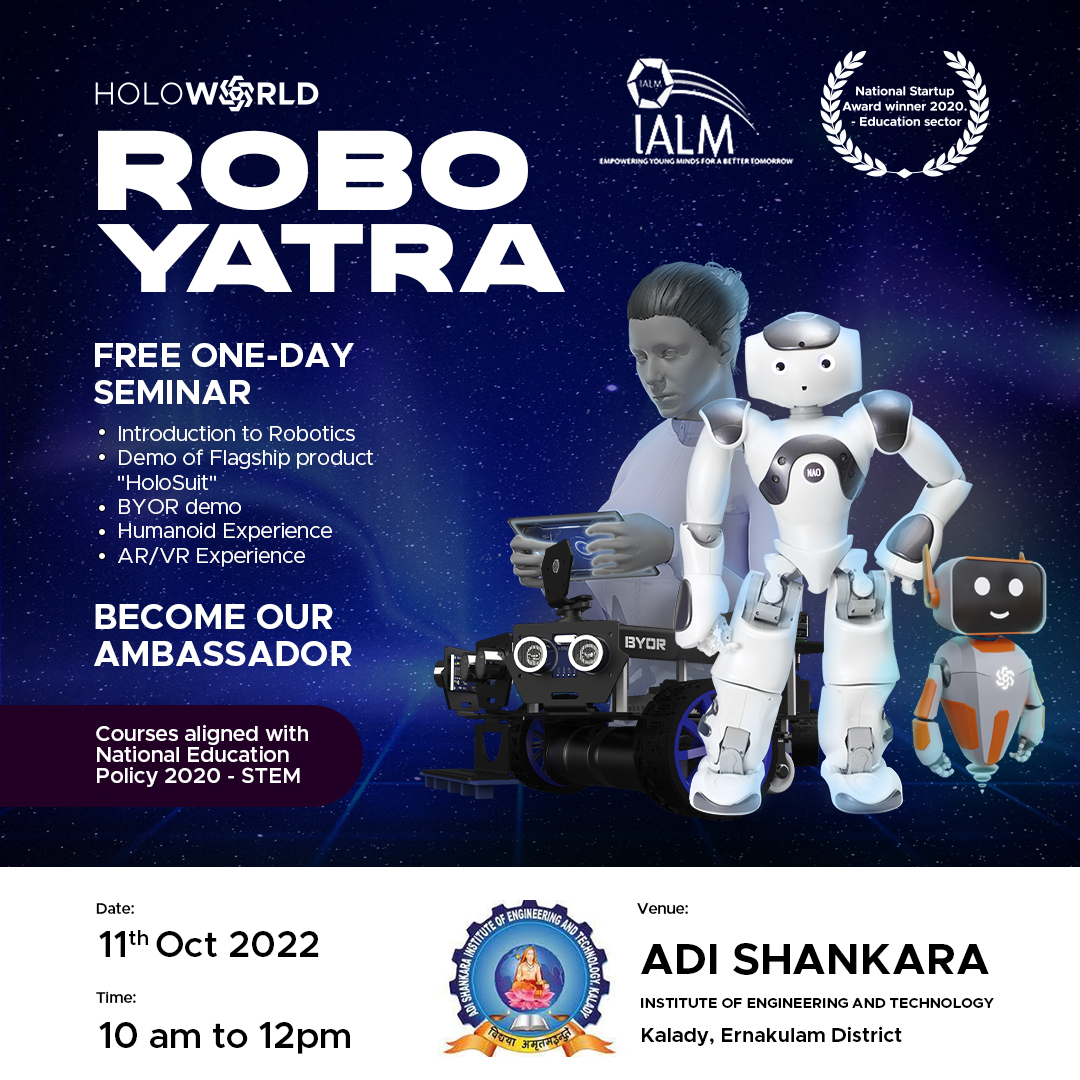 holoworld_one's tweet photo. We are coming tomorrow to Adi Shankara Institute of Engineering and Technology and Bharat Mata College of Commerce and Arts for #ROBOYATRA.
Fill up the form if you are willing to invite us to your institute: https://t.co/jIADZzNcr6
#HoloWorld #roboyatra #byor #HoloSuit #Robotics https://t.co/kaAThbI5Um