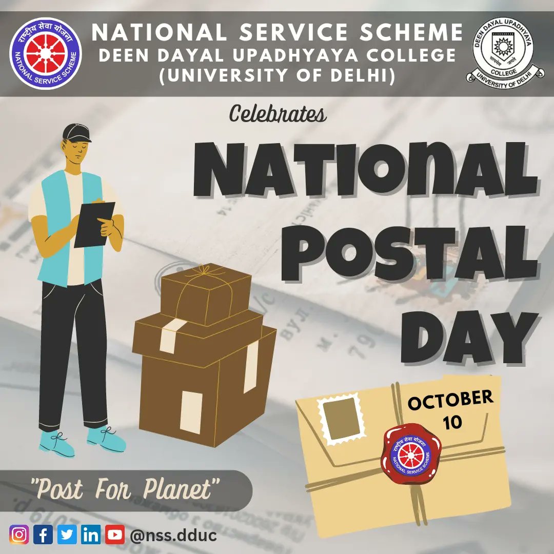 nss_dduc's tweet photo. Indian Postal Day, or National Postal Day is celebrated on 10th October every year in India. It is an extended celebration of World Postal Day, which is observed on 9th October every year.
@NssrdD @_NSSIndia @ConnectingNss
#indianpostalday https://t.co/1Wm8R5BjDE