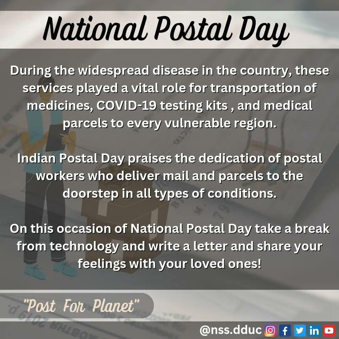 nss_dduc's tweet photo. Indian Postal Day, or National Postal Day is celebrated on 10th October every year in India. It is an extended celebration of World Postal Day, which is observed on 9th October every year.
@NssrdD @_NSSIndia @ConnectingNss
#indianpostalday https://t.co/1Wm8R5BjDE