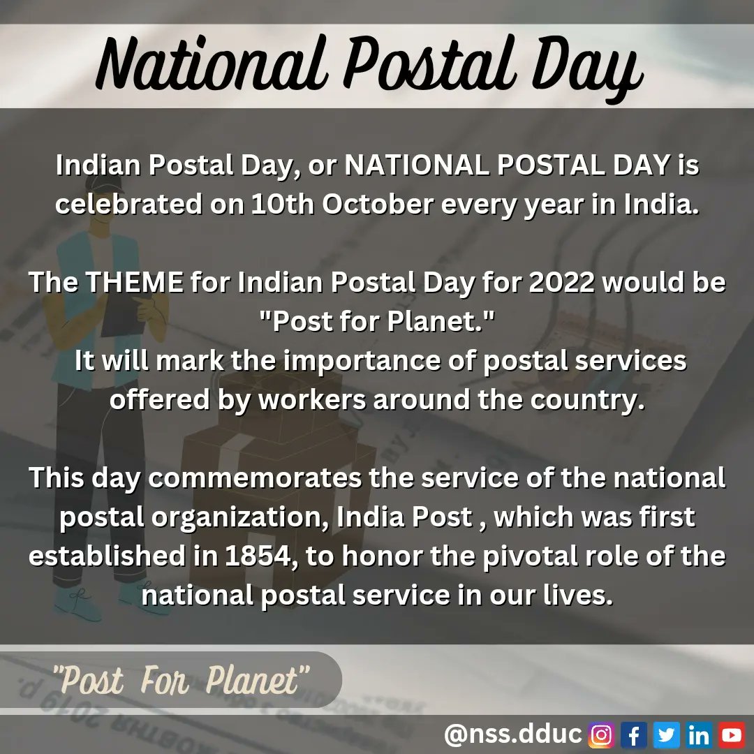 nss_dduc's tweet photo. Indian Postal Day, or National Postal Day is celebrated on 10th October every year in India. It is an extended celebration of World Postal Day, which is observed on 9th October every year.
@NssrdD @_NSSIndia @ConnectingNss
#indianpostalday https://t.co/1Wm8R5BjDE