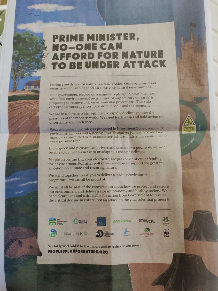 Full page ad in today's @Telegraph from 12 #nature NGOs... 'Prime Minister, no-one can afford for nature to be under attack'.