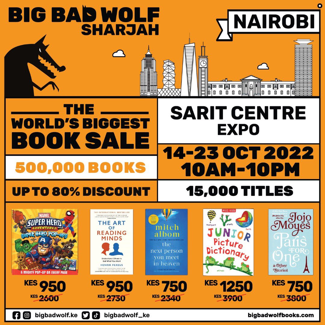 Hey #Kenya! Are you ready for the #Biggest #Books #Discounts ever? 
Check out some of the titles you can expect to see at the Big Bad Wolf Book Sale Kenya 
Happening at the Sarit Expo Center 
From the 14th-23rd #October!
10am-10pm Daily!
#thebigbadwolfke #Nairobi #booksale