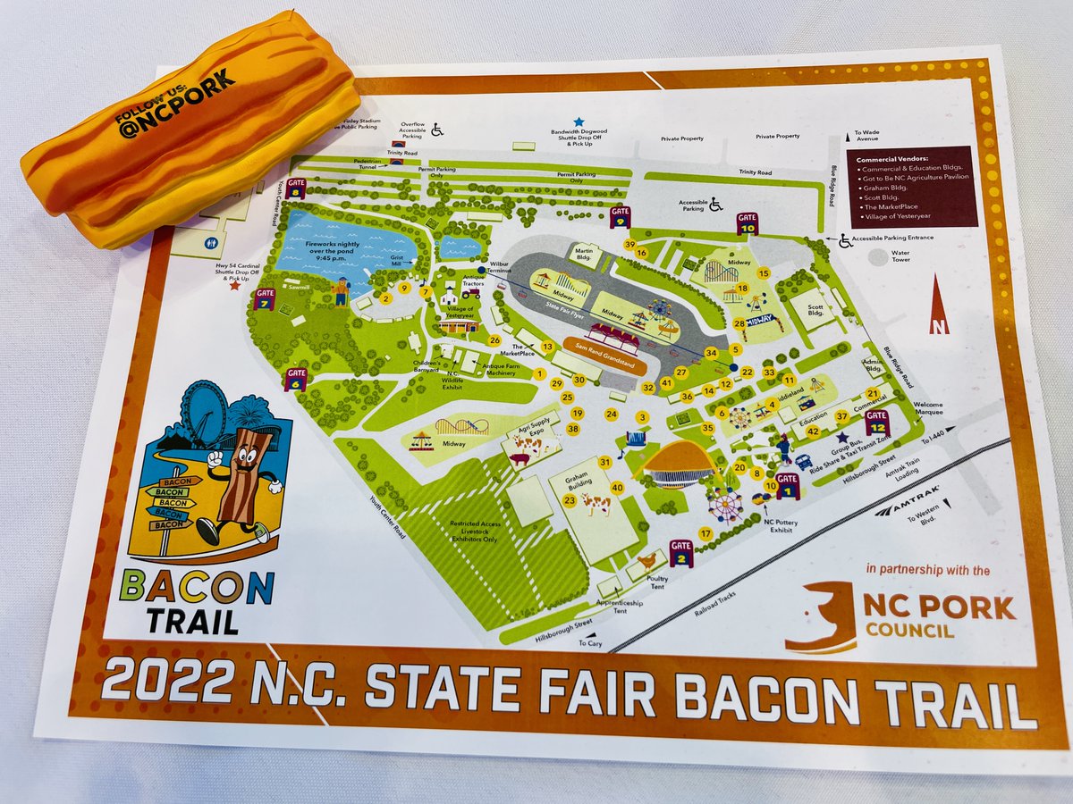 Before we get started, lemme inform you the Fair is now handing out a “bacon trail” map. Now you know every vendor serving bacon on something. And that’s a bacon stress squishy.