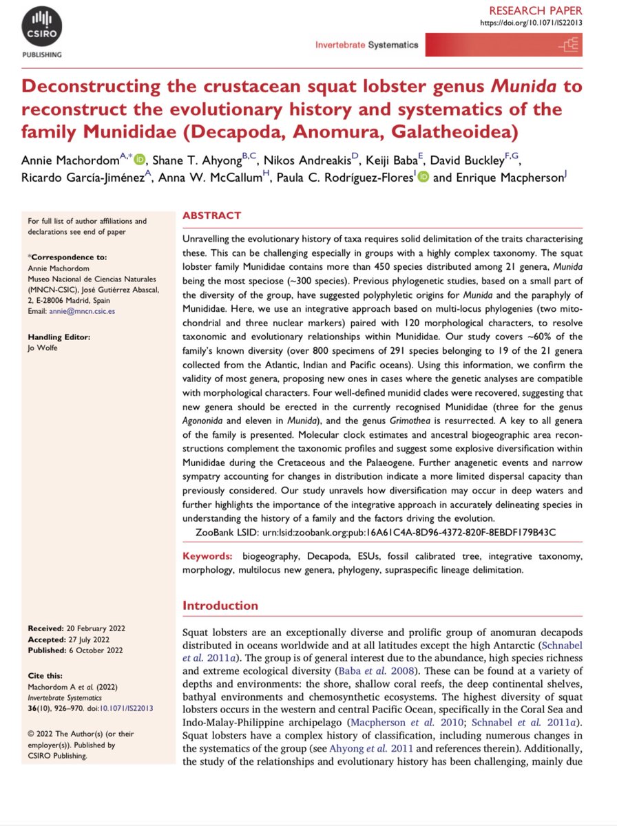 ⚠️Our paper on the systematics of Munididae is out! We solve the taxonomy on the diverse genus Munida. Several new genera are described. It was a long way to get this done, #taxonomy needs a lot of time! But here it is and I am very happy to be part of it. doi.org/10.1071/IS22013