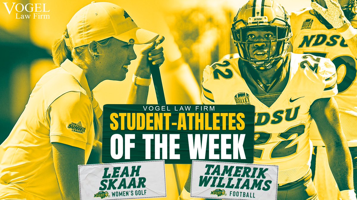 Leah carded her career-best three-round total &amp; TaMerik rushed for a career-high 145 yards &amp; 3 TD's, making them our Vogel Law Firm Student-Athletes of the Week.

⛳️ Leah Skaar | JR | Gold Canyon, AZ | <a href="/NDSUgolf/">NDSU Golf</a>

🏈TaMerik Williams | SR | RB | Angleton, TX | <a href="/NDSUfootball/">NDSU Football</a>