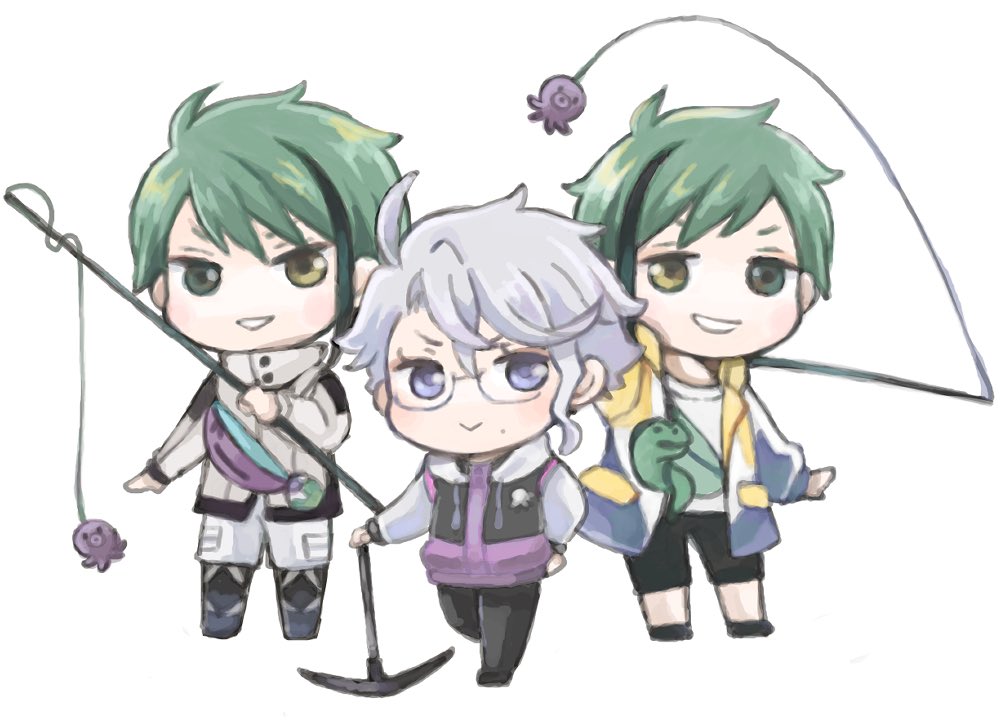 streaked hair heterochromia male focus green hair multiple boys glasses 3boys  illustration images