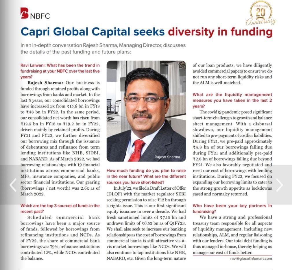 CapriGlobalCap's tweet photo. In depth conversation with Mr Rajesh Sharma, MD Capri Global, with @BankingFrontier magazine. Mr Sharma shared his views on Capri’s business plans and future outlook for the organisation.

#CapriLoans #CapriGlobal #SaathApnoKa #TogetherInIt #Loans #MSMELoans #HomeLoans #GoldLoans https://t.co/yRhvQrC7Ou