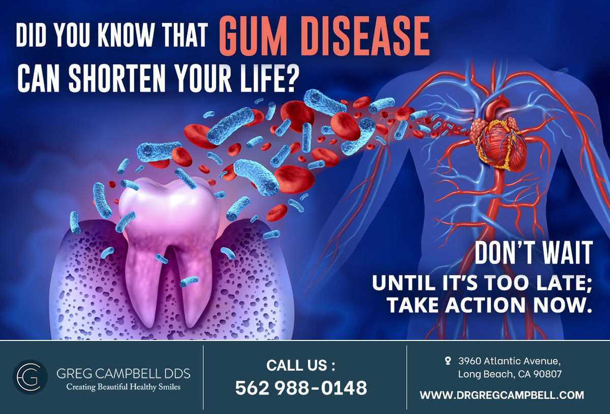 DdsCampbell's tweet photo. Gum disease is linked to many health problems like heart disease, diabetes, strokes, and dementia. A proper therapy will help you have a healthy mouth and body. Call 562 988-0148 for appointments. #GumDisease #gregcampbelldds #longbeach #CA https://t.co/heJOg8a9bb