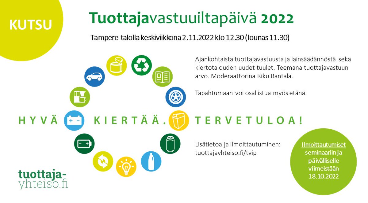 EijaJokela's tweet photo. Tuottajavastuulla on arvo 💰💎⚖️🏆 Tule kuulemaan ja keskustelemaan aiheesta Tampere-talolle 2.11.2022 Tuottajavastuuiltapäivään. Samalla voit verkostoitua alan asiantuntijoiden kanssa. Ohjelma ja ilmoittautuminen: https://t.co/4doZCEJpxm
#tvip22 #tuottajavastuu #kiertotalous https://t.co/c8qkfMwTkF