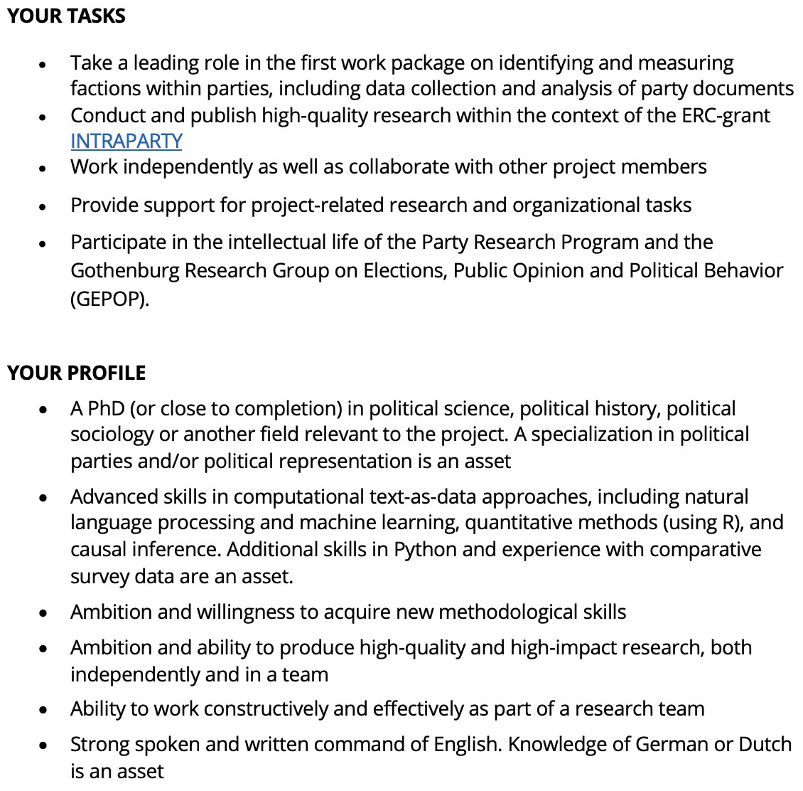 Ann-Kristin Kölln (@annkristinkolln) on Twitter photo I'm hiring a postdoc (3 yrs, full time) to join my <a href="/ERC_Research/">European Research Council (ERC)</a> project on intra-party factions. Focus on identifying and measuring factions with computational text methods. Full details: tinyurl.com/3efdds7a Deadline: 15 Nov <a href="/goteborgsuni/">Göteborgs universitet / University of Gothenburg</a> <a href="/womenalsoknow/">womenalsoknowstuff</a> @POCalsoknow I'm hiring a postdoc (3 yrs, full time) to join my <a href="/ERC_Research/">European Research Council (ERC)</a> project on intra-party factions. Focus on identifying and measuring factions with computational text methods. Full details: tinyurl.com/3efdds7a Deadline: 15 Nov <a href="/goteborgsuni/">Göteborgs universitet / University of Gothenburg</a> <a href="/womenalsoknow/">womenalsoknowstuff</a> @POCalsoknow