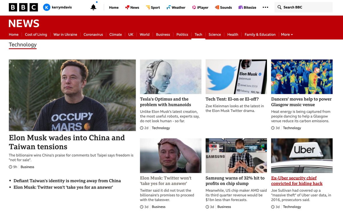 Elon taking over more than just Twitter... 4/7 stories above the fold on BBC Technology feature Musk/his company.