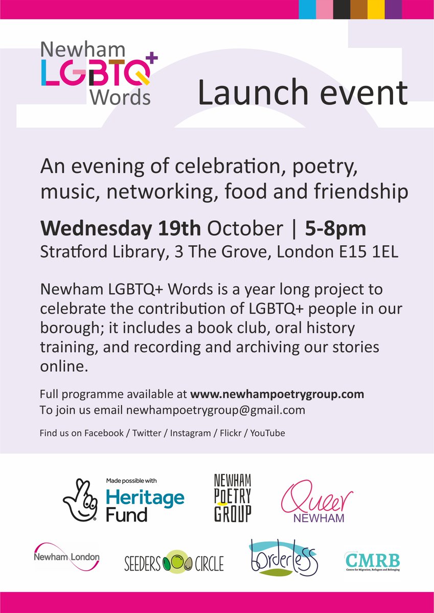 NewhamPoetryGrp's tweet photo. Dear friends join us on Wednesday 19th of October for the launch of our #heritageproject "Newham LGBTQ Words" #music #poetry #conections #community #Representationmatters Thanks to @HeritageFundL_S @HeritageFundUK https://t.co/AmFNXnhagb